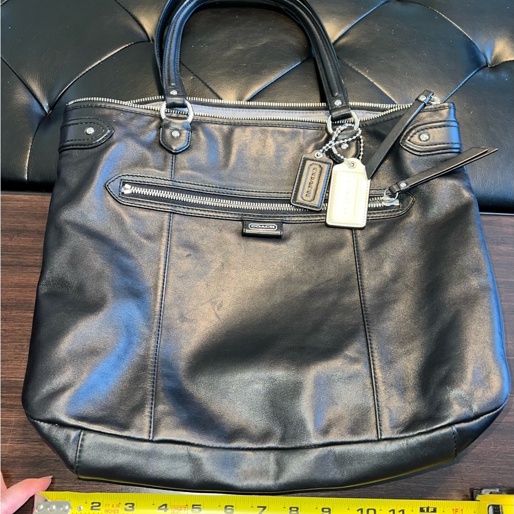 Coach Black Leather Laptop Tote with Silver Hardware